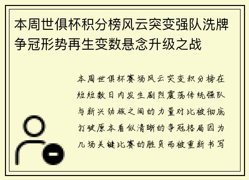 本周世俱杯积分榜风云突变强队洗牌争冠形势再生变数悬念升级之战 本周世俱杯积分榜风云突变强队洗牌争冠形势再生变数悬念升级之战